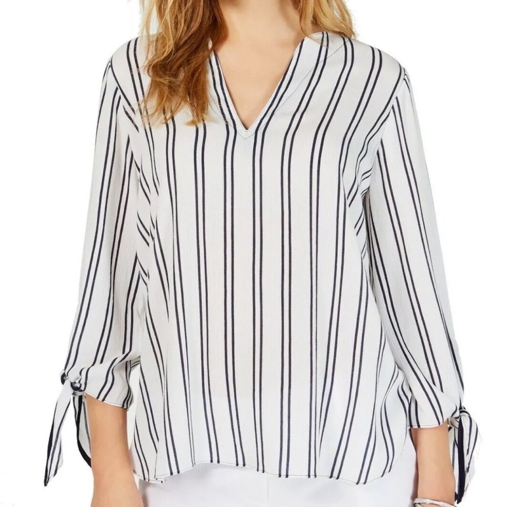 MICHAEL KORS Womens White Tie Striped 3/4 Sleeve V Neck Blouse Size XS